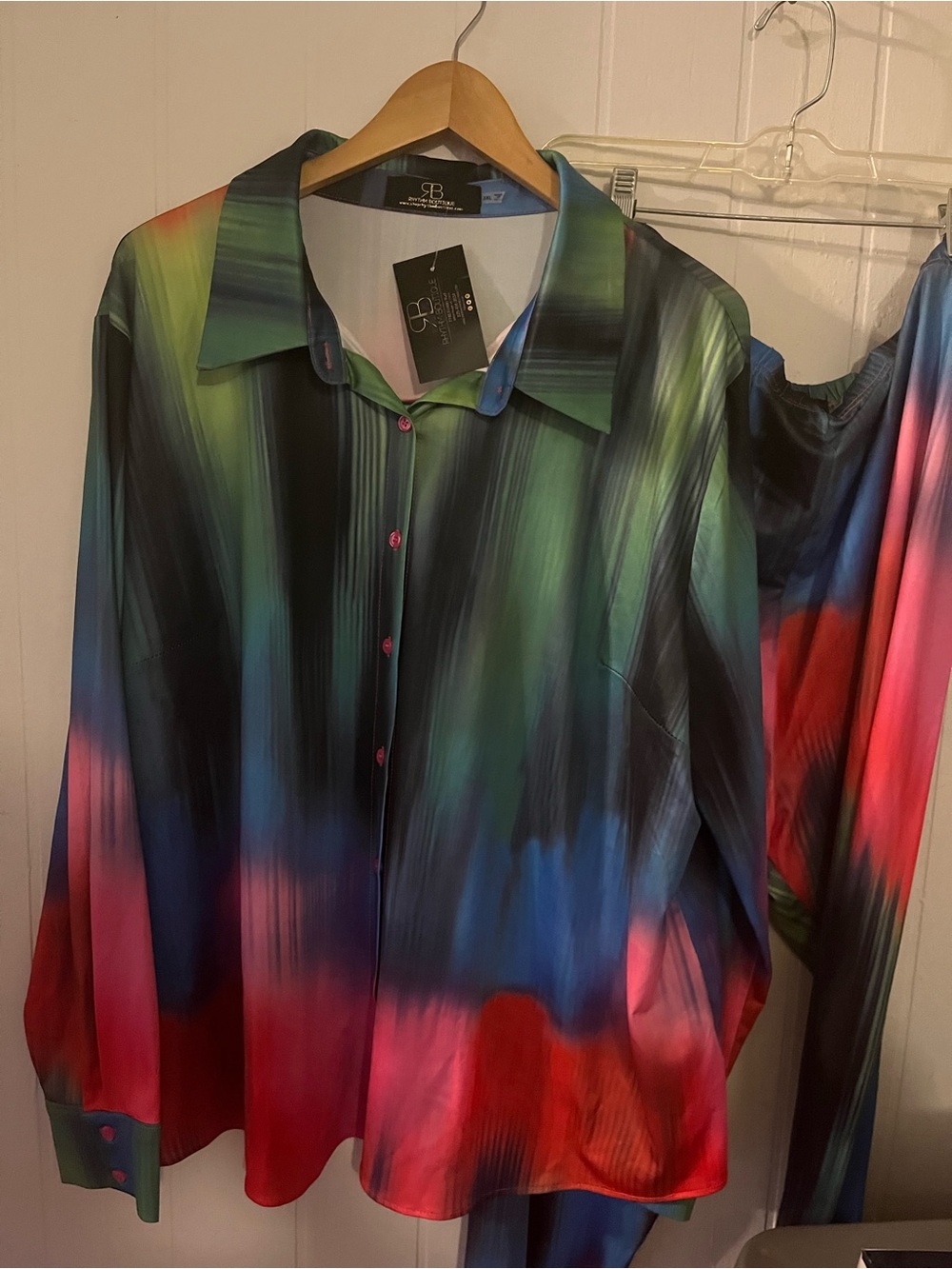 BP Multicolor Gradient Satin Button-Down Shirt - Green, Blue, Pink, Black